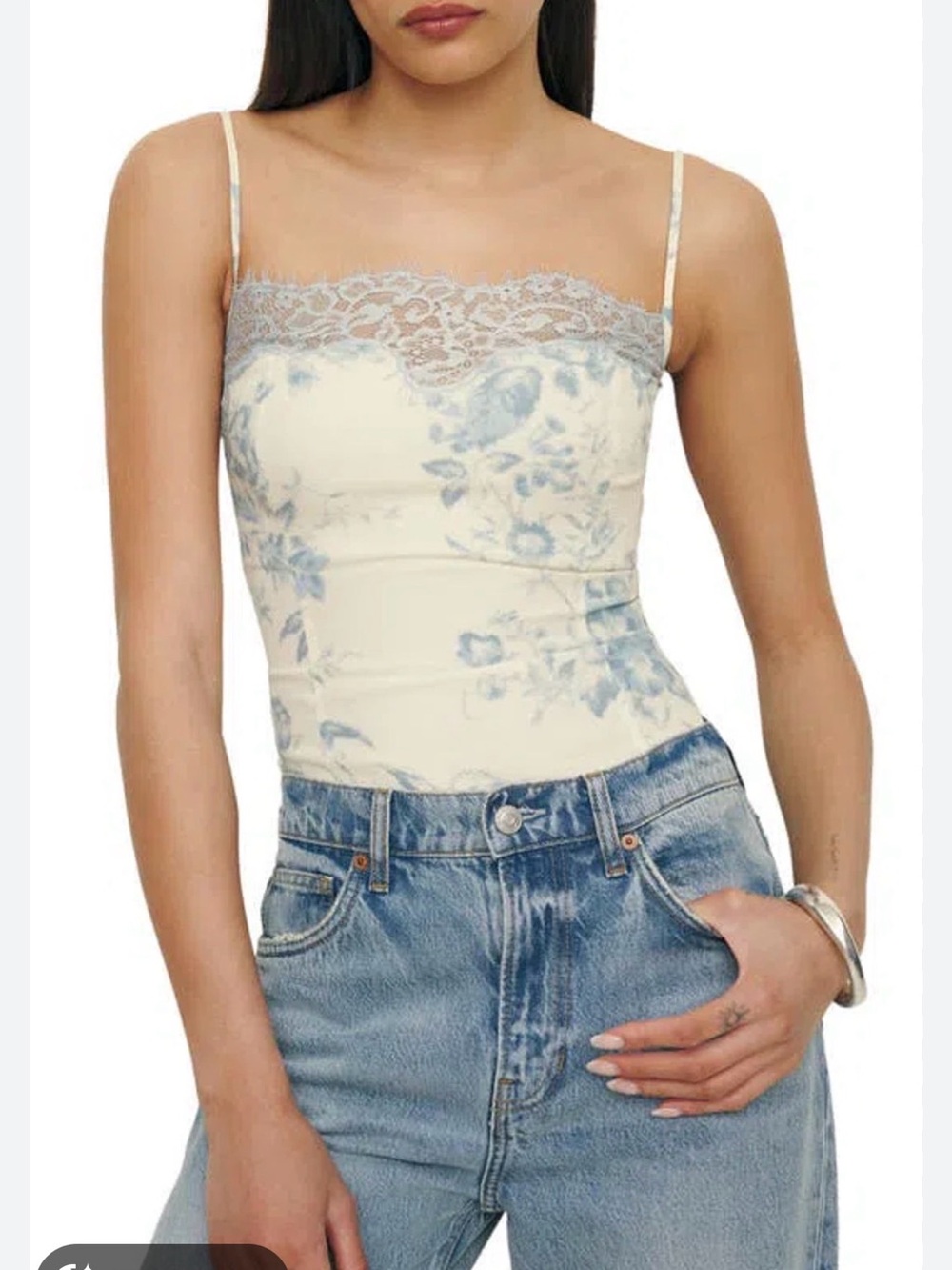 Reformation Cream Floral Lace-Trim Cami with Light Blue Print